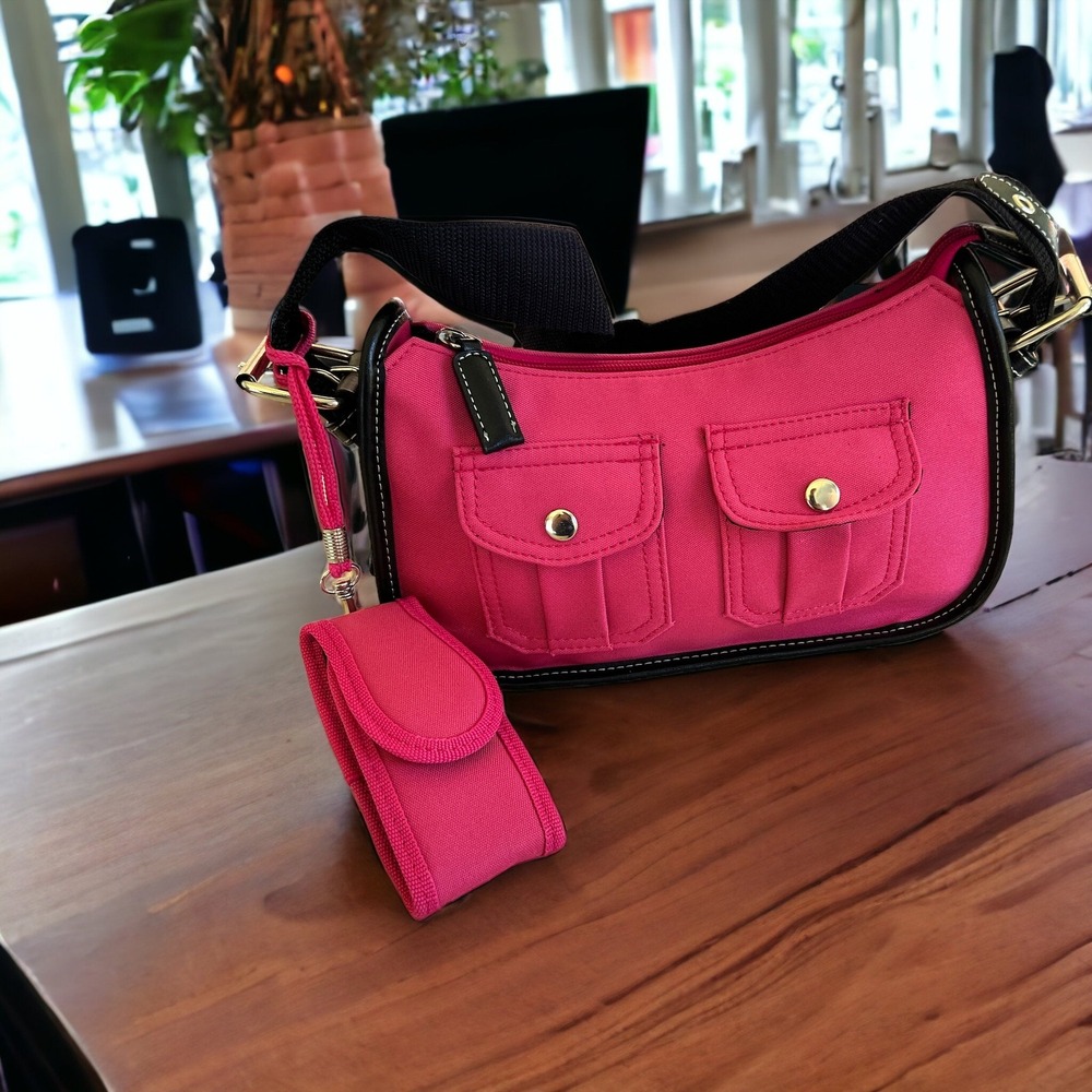 Bright Pink and Black Nylon Double Front Pocket Utility Shoulder Bag w/Mini Case